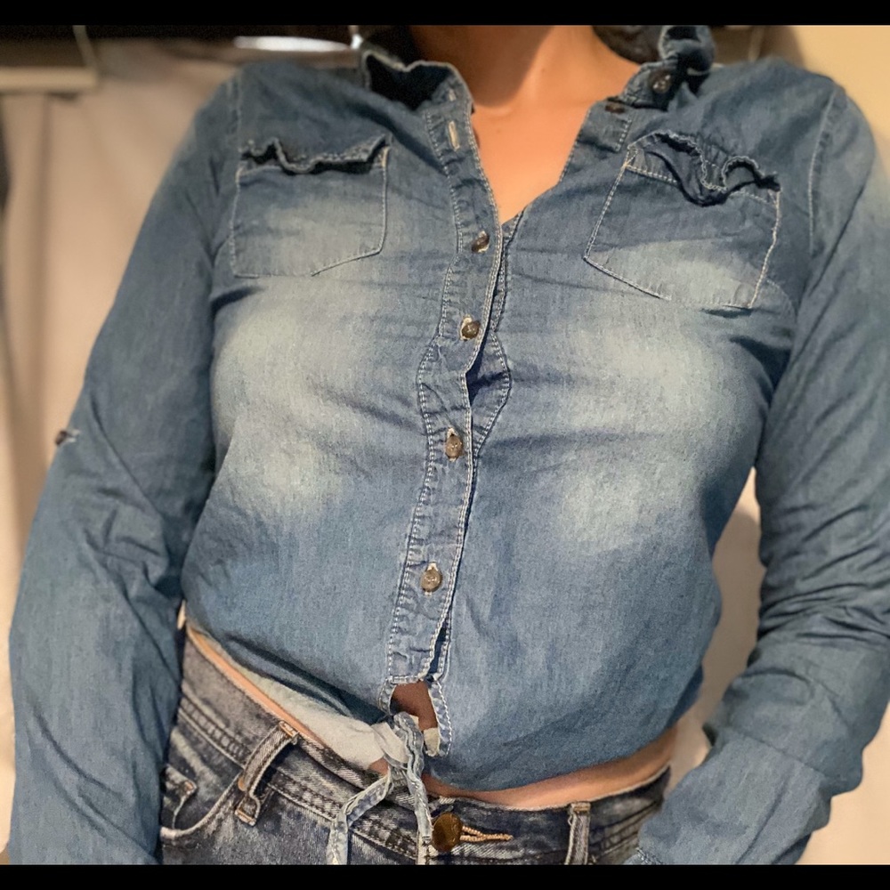 Long sleeve denim tie top